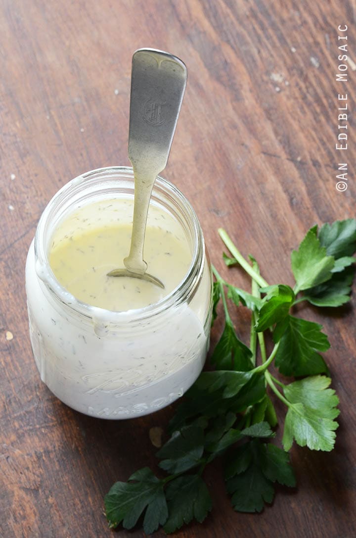 Low Carb Ranch Dressing Recipe in Mason Jar on Wooden Table