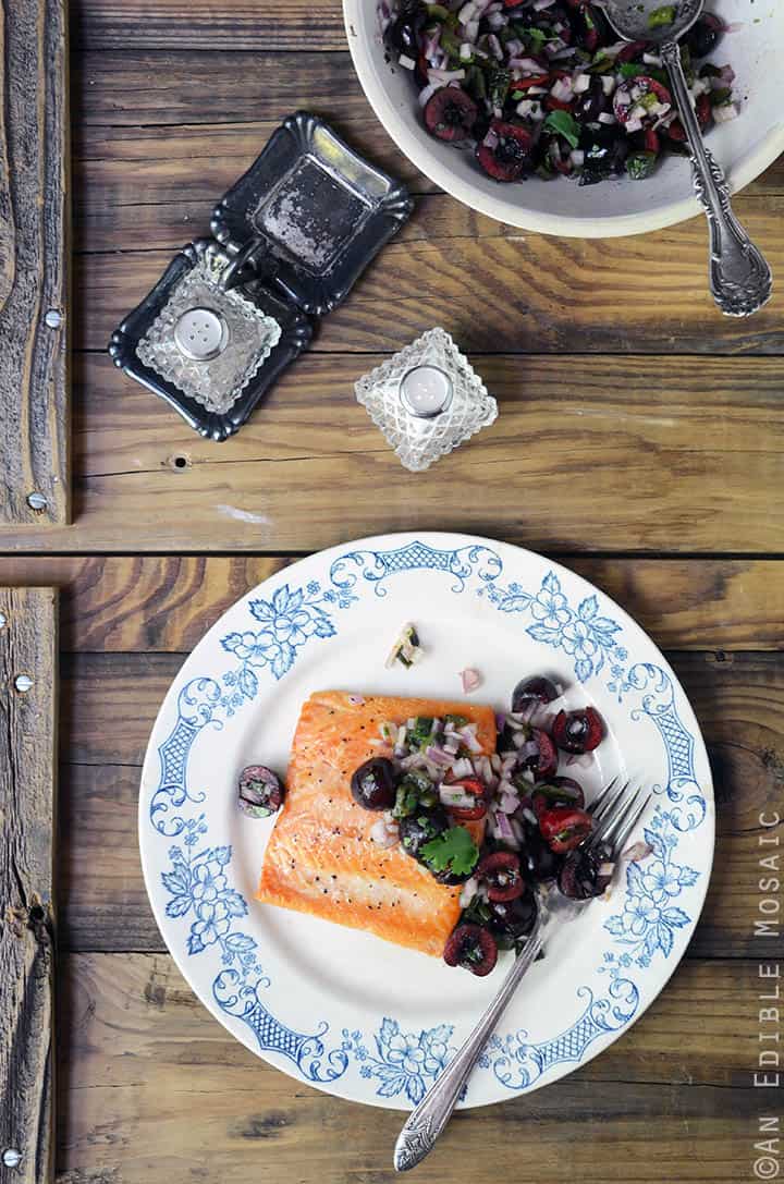 Seared Salmon with Fresh Cherry and Charred Poblano Chopped Salad {Paleo; Whole30}