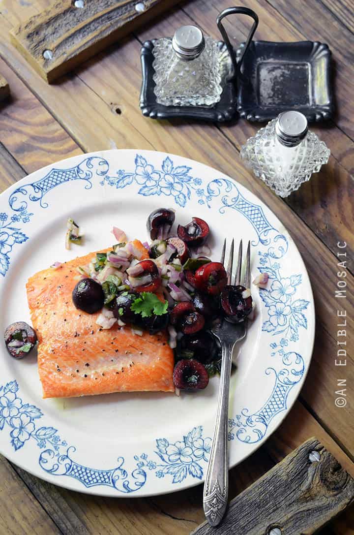 Seared Salmon with Fresh Cherry and Charred Poblano Chopped Salad {Paleo and Whole30} 2