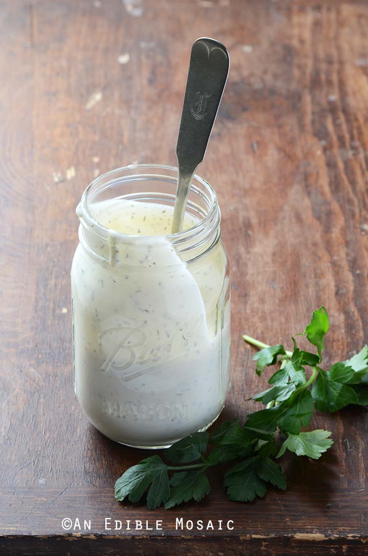 Keto Ranch Dressing in Glass Mason Jar on Wooden Table