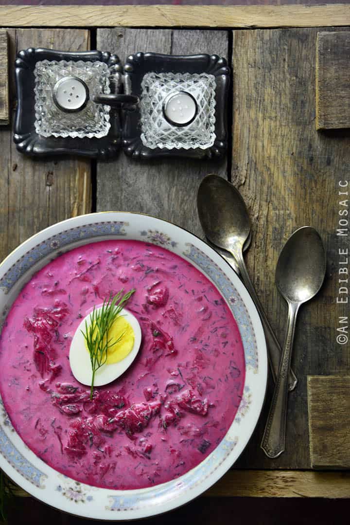 Polish Cold Beet Soup on Wooden Table with Salt and Pepper Shakers