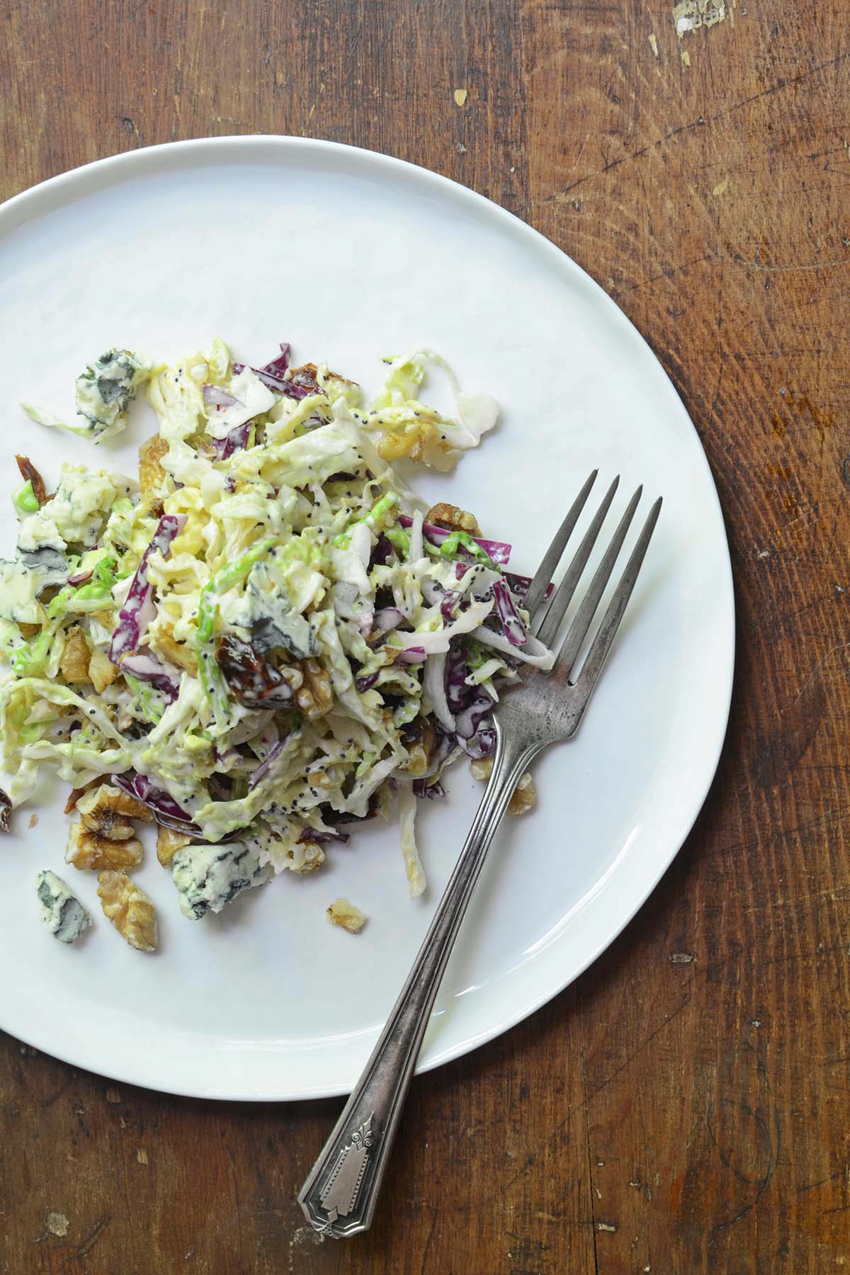 top view of blue cheese coleslaw on plate