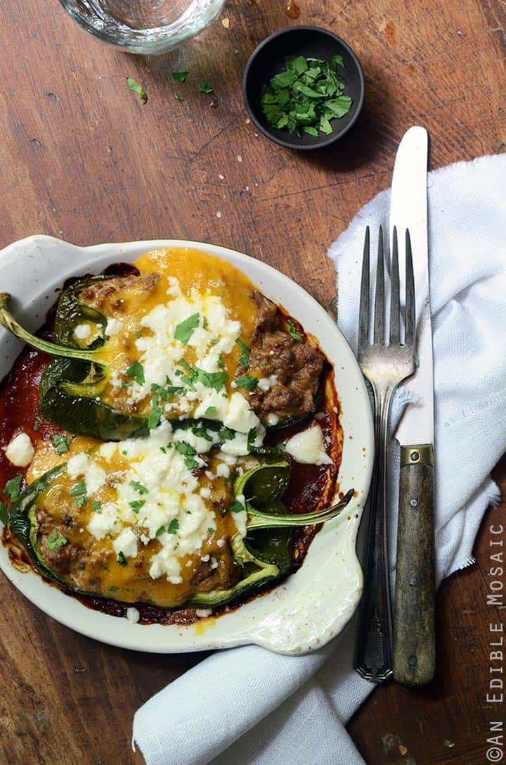 Cheesy Beef-Stuffed Poblano Peppers with Easy Roasted Tomato Chili Sauce {Freezer-Friendly}
