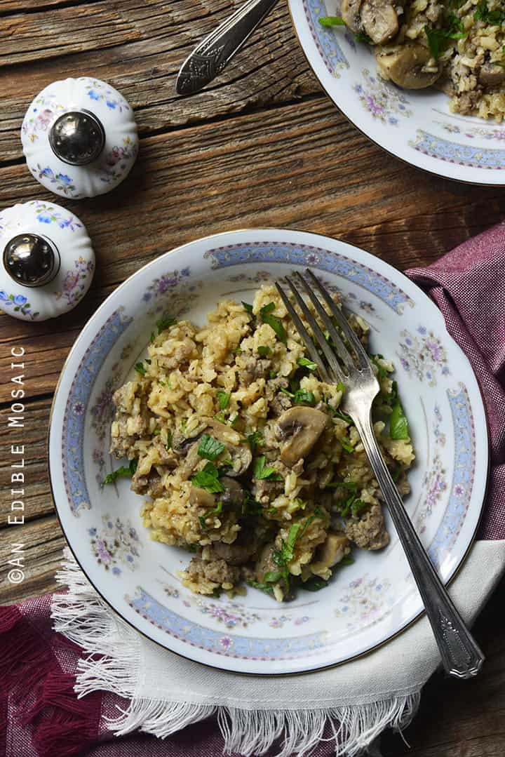 One-Pot Brown Rice Pilaf with Chicken Sausage, Mushrooms, and Rosemary {Gluten-Free}