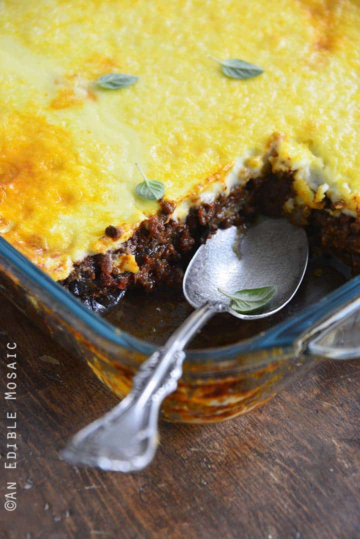 Close Up of Low Carb Beef Eggplant Moussaka Casserole (Gluten Free)