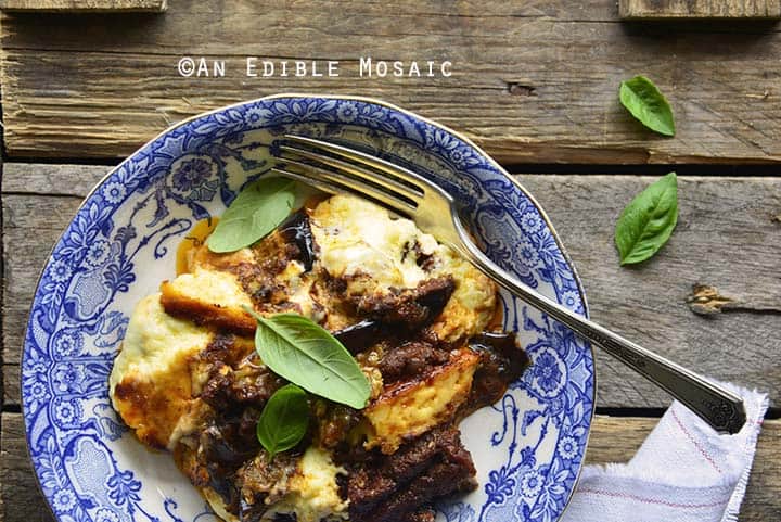 Low Carb Beef Eggplant Moussaka Casserole (Gluten Free) in Blue Bowl