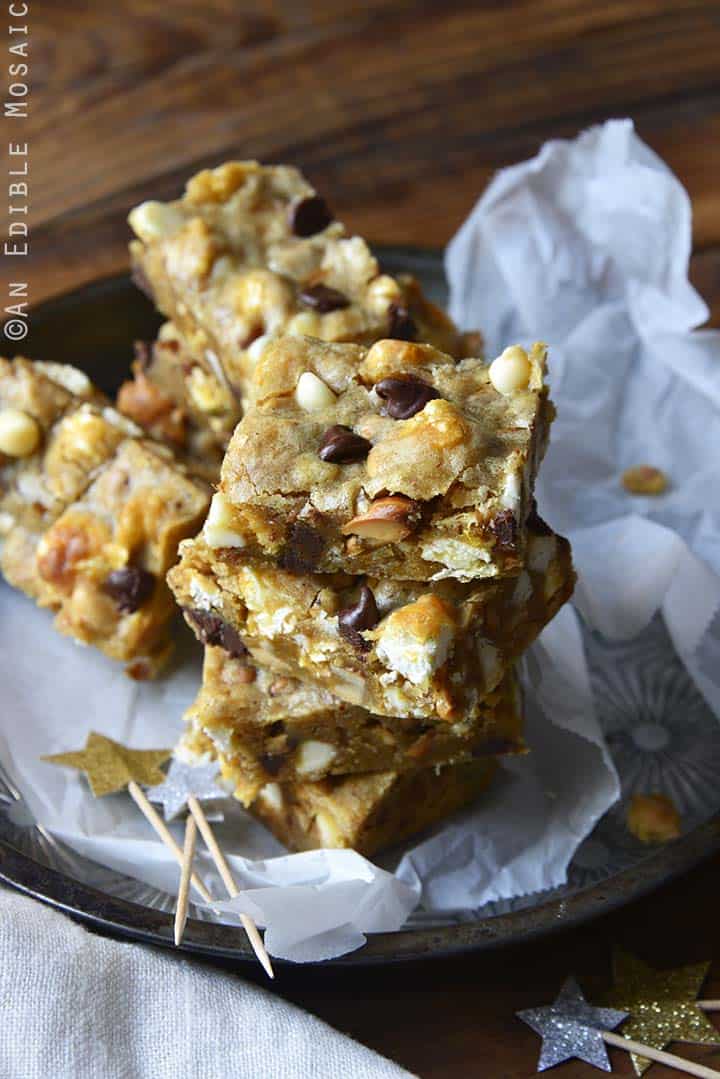Ballpark Blondies (aka Brown Butter Blondies with Caramel Corn, Salted Peanuts, and White and Dark Chocolate Chips) Front View Wooden Background