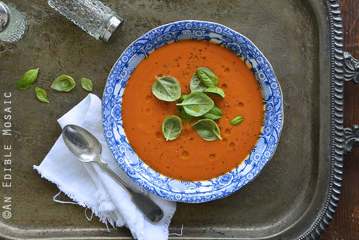 Hot or Chilled Blushing Strawberry Onion and Tomato Soup on Metal Tray Overhead View Horizontal Orientation