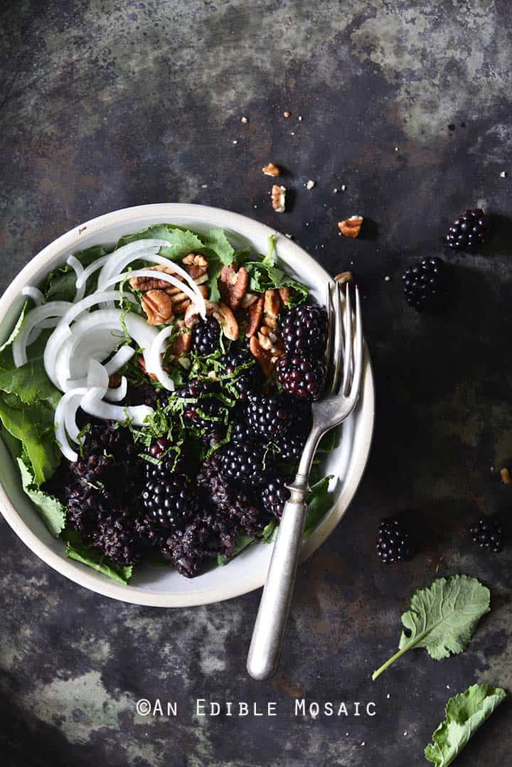 Vegan Herbed Black Rice, Black Lentils, and Black Quinoa Pilaf Salad Bowls with Blackberries on Weathered Metal Background Top View Vertical Orientation