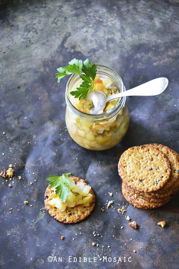 Easy Apple Jalapeno Relish with Crackers on Metal Background