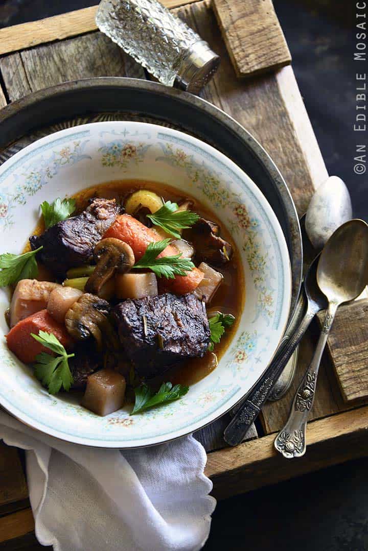 Braised Beef with Root Vegetables and Red Wine Front View