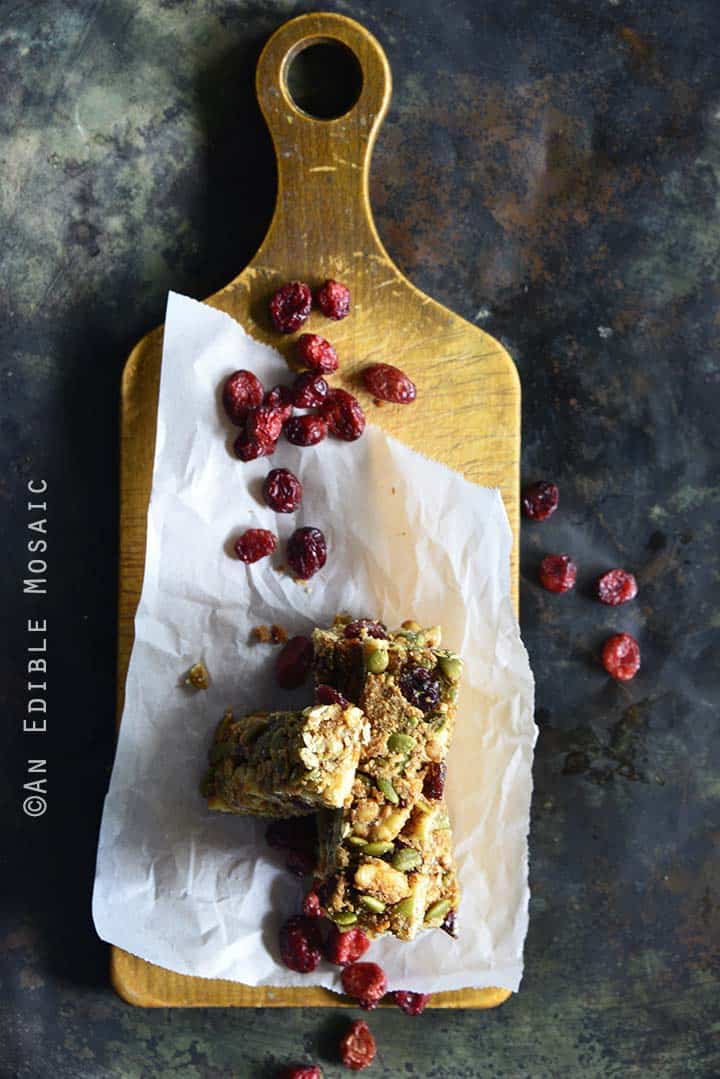 Cranberry Pumpkin Pie Spice Seed and Nut Bars Top View Vertical Orientation