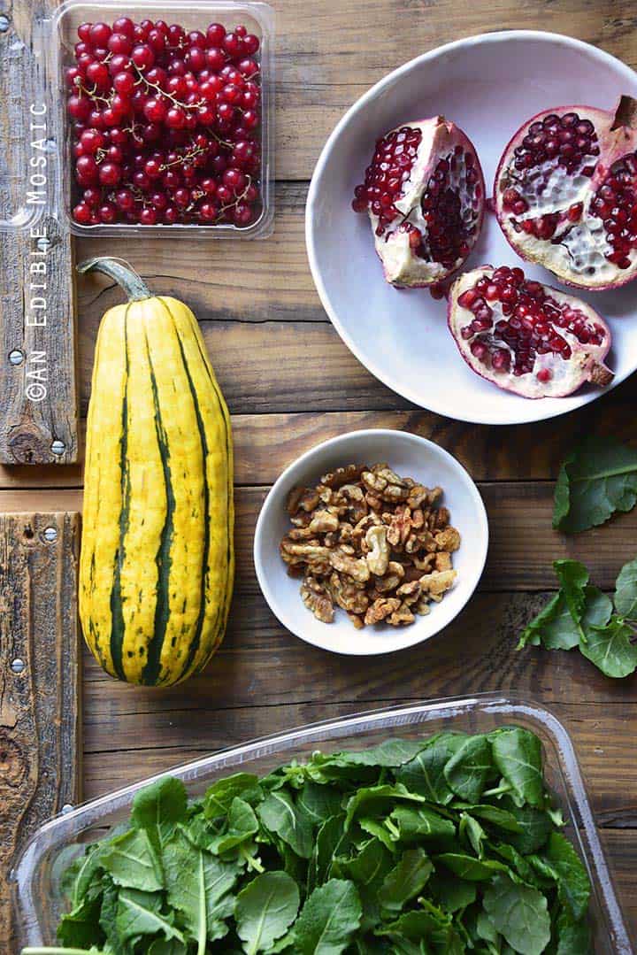 Ingredients for Roasted Winter Squash Salad with Spiced Walnuts, Red Currants, and Pomegranate Balsamic Vinaigrette