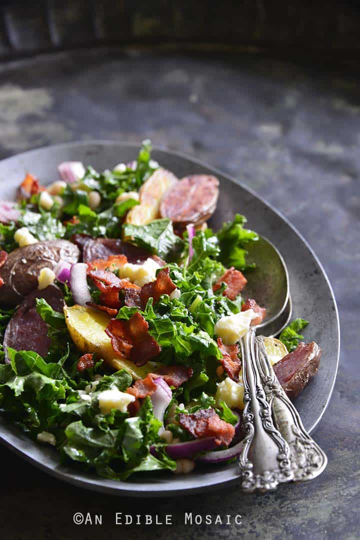 Kale Salad with Roasted Fingerling Potatoes, White Beans, and Warm Bacon Dressing Metal Background Front View Vertical Orientation