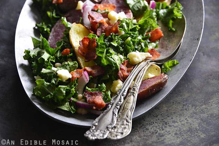 Kale Salad with Roasted Fingerling Potatoes, White Beans, and Warm Bacon Dressing Metal Background Front View Horizontal Orientation