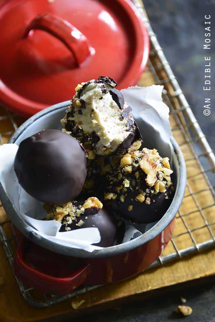 Keto Chocolate-Coated Maple Walnut Cheesecake Truffles Front View Bite Showing Close Up