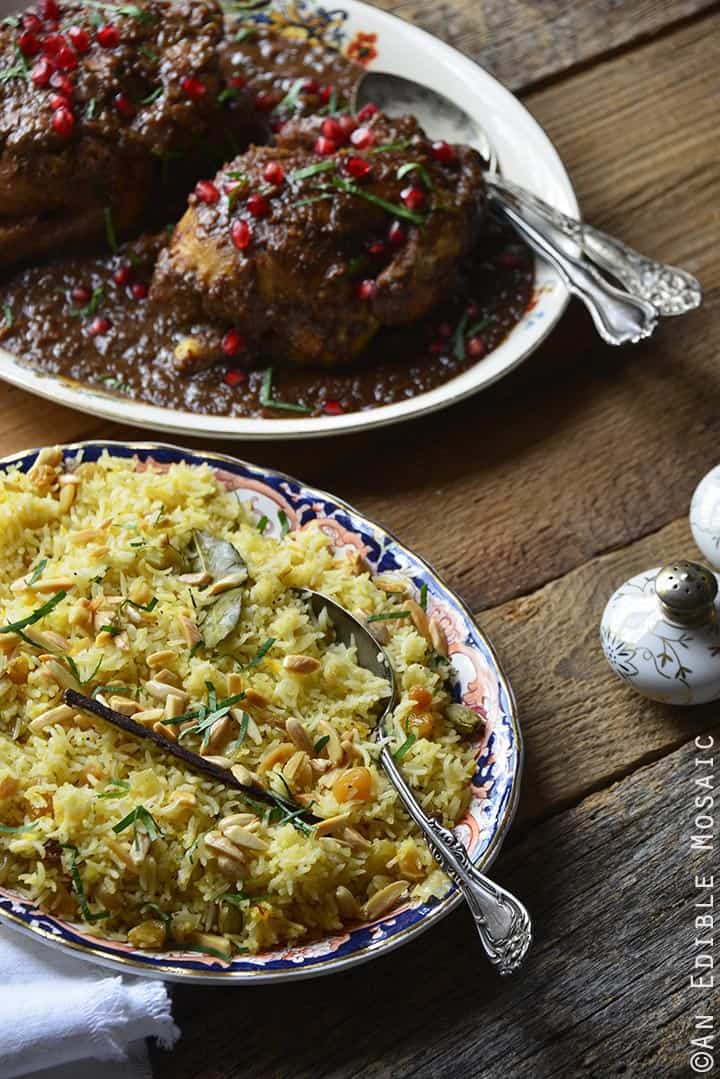 Orange and Toasted Almond Saffron Rice Pilaf with Golden Raisins with Persian-Inspired Cornish Hens