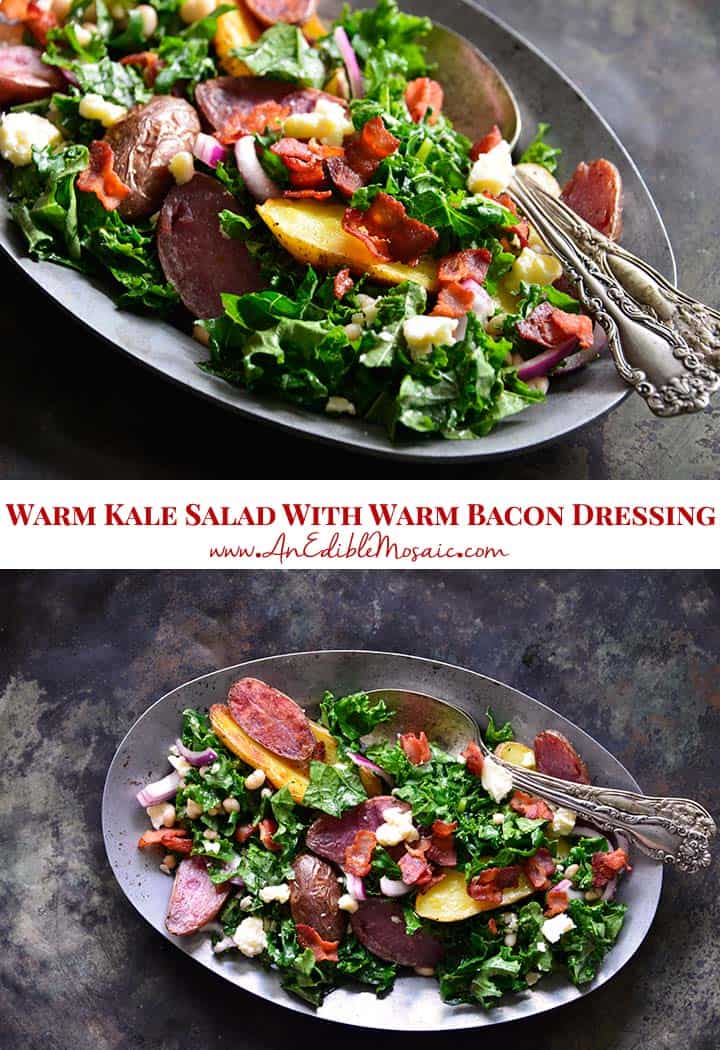 Warm Kale Salad Recipe with Roasted Potato and Warm Bacon Dressing Pin