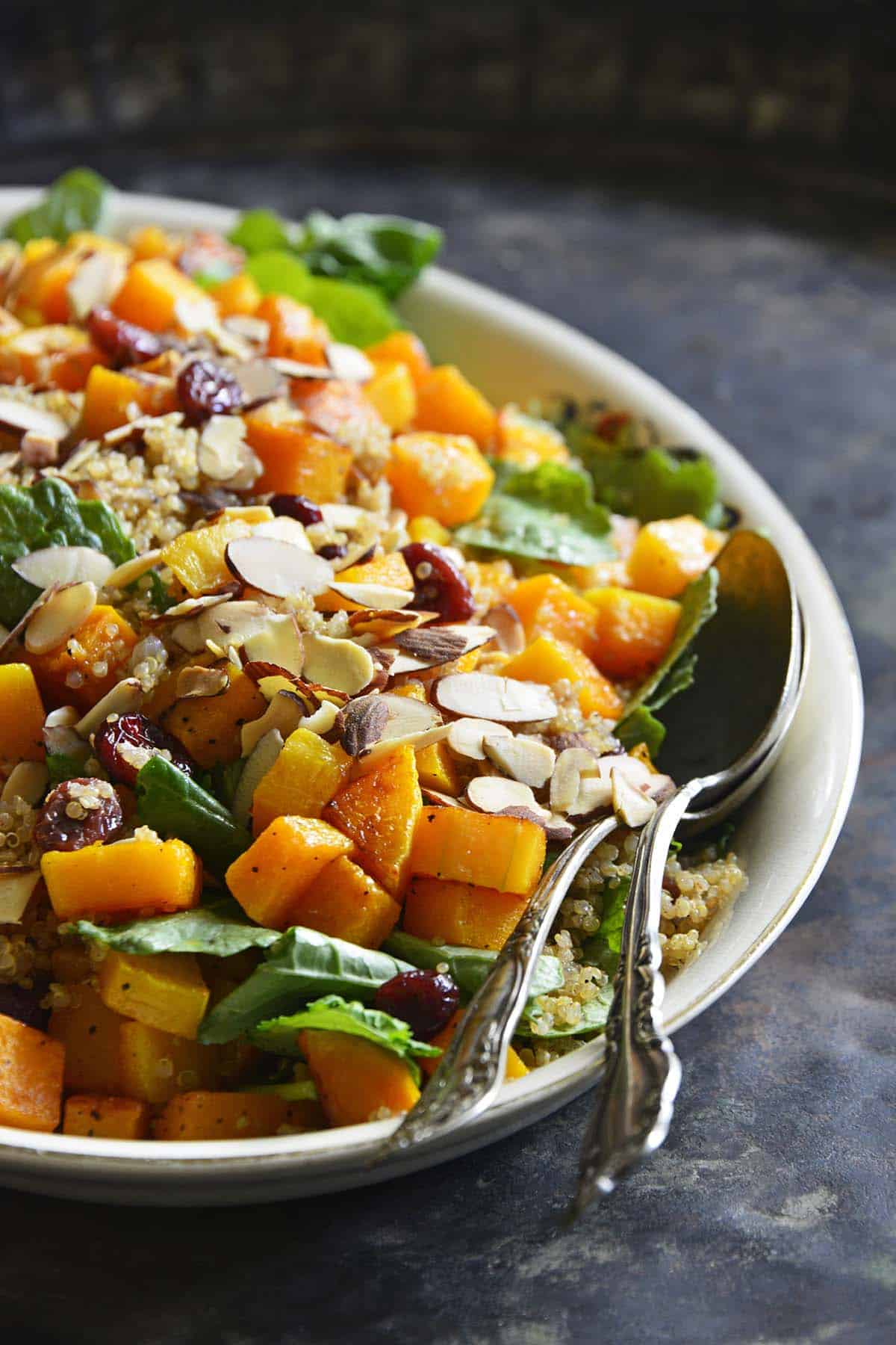 front view of winter quinoa salad with butternut squash