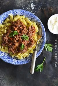 30-Minute Beef Bolognese with Herbes de Provence and Red Wine with Pasta Top View Vertical Orientation