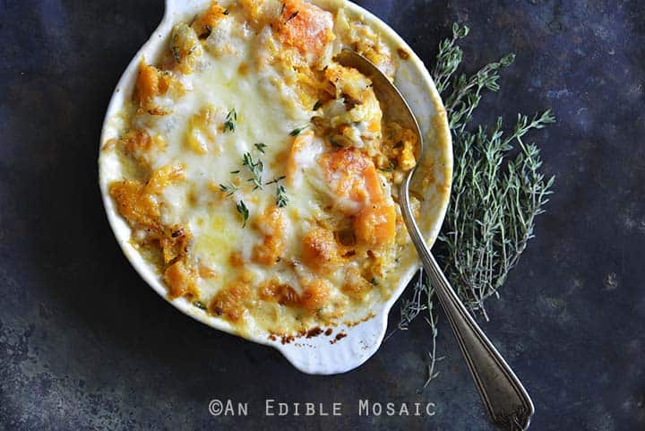 Cheddar and Thyme Butternut Squash Gratin Overhead View Horizontal Orientation