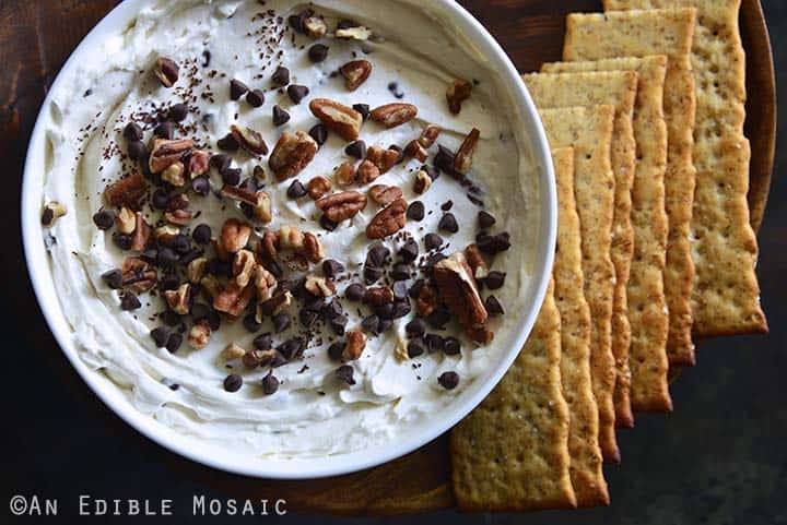 Easy Sugar-Free Turtle Cheesecake Dip with Crackers Horizontal Orientation