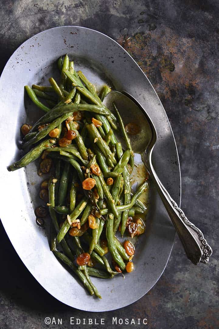 Green Beans with Garlic and Golden Raisins Close Up