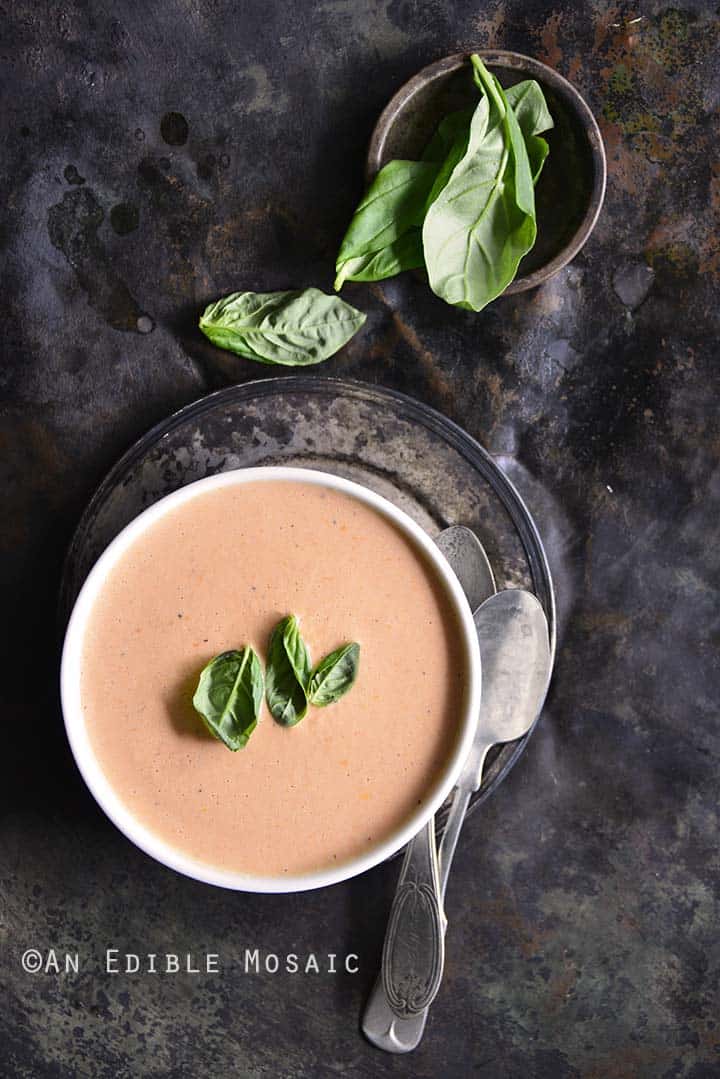 Low-Carb Cheesy Tomato Basil Chowder Overhead View Vertical Orientation