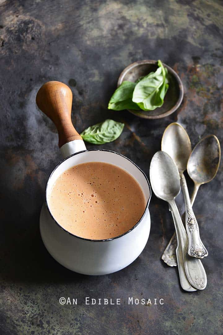 Low-Carb Cheesy Tomato Basil Chowder in Small White Pot