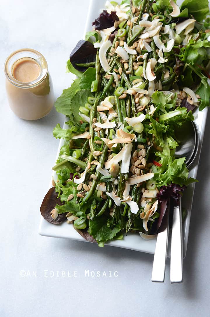 Spring Mix and Roasted Green Bean Salad with Creamy Maple-Miso Dressing