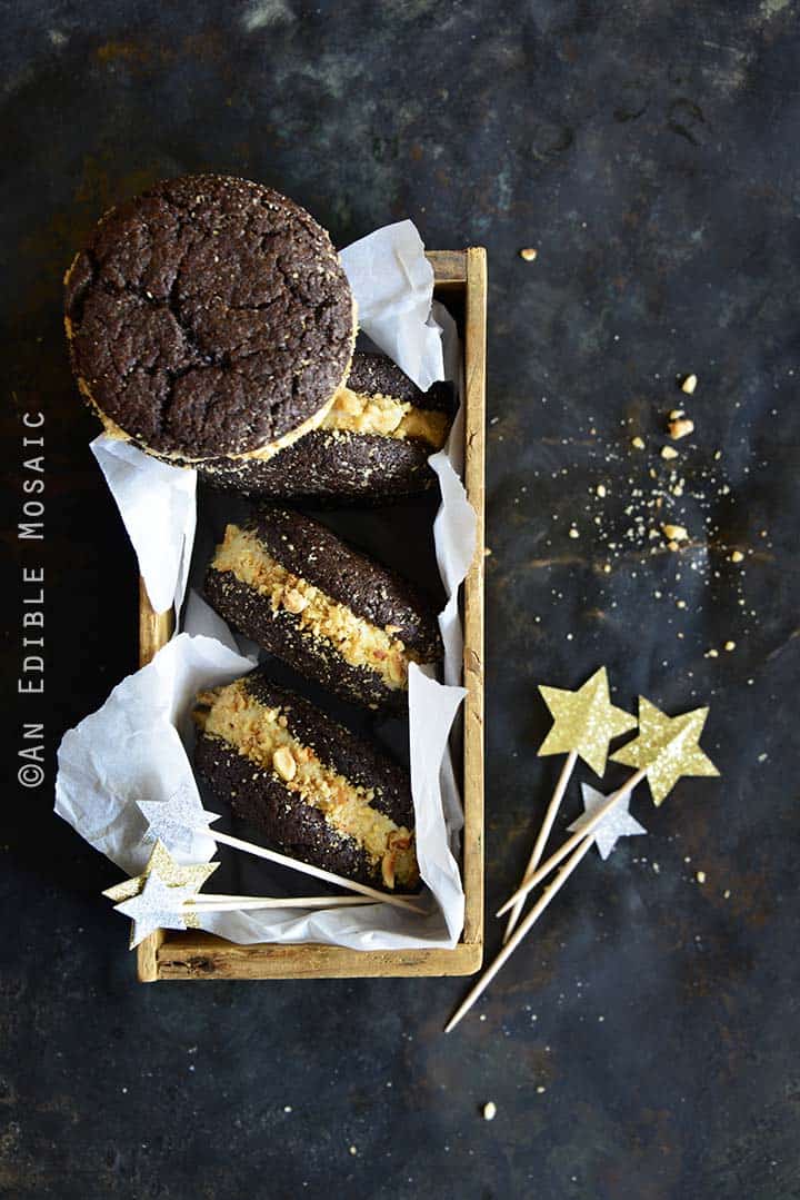 Chocolate Whoopie Pies with Maple Brown Butter Frosting and Hazelnut Caramel Crunch in Wooden Box