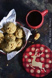 Coconut Butterscotch Granola Cookies with Festive Cookie Tin and Red Coffee Mug