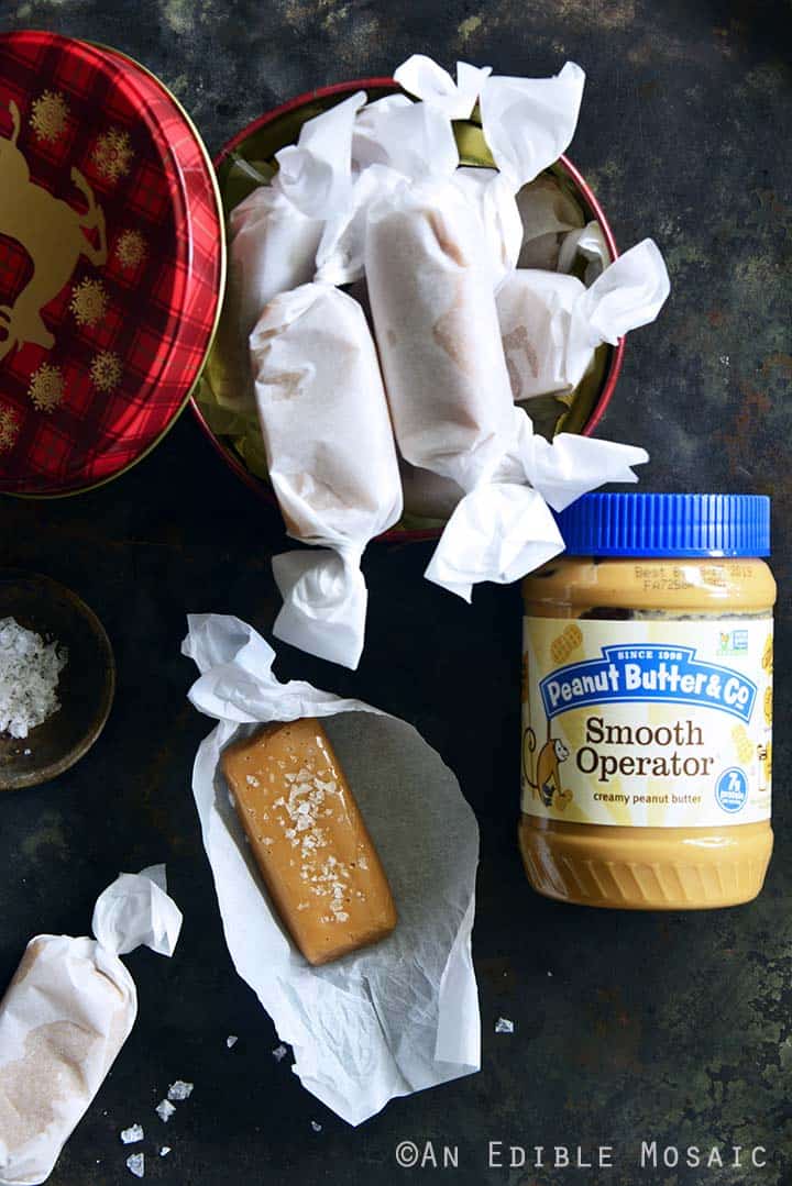 Soft and Chewy Peanut Butter Salted Caramels with Jar of Peanut Butter & Co.® Smooth Operator
