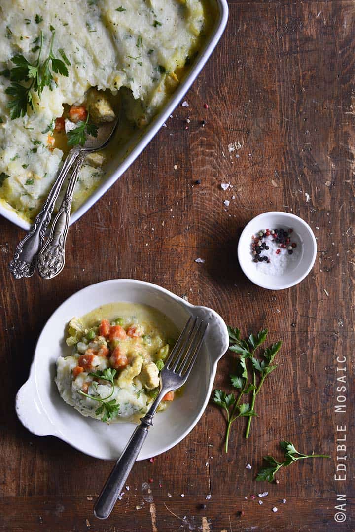 Dinner Spread of Chicken Pot Pie Topped with Garlic and Herb Potato Mash