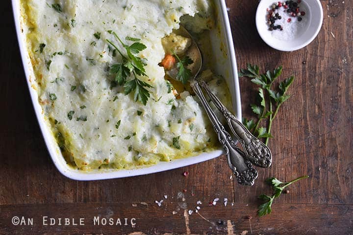 Chicken Pot Pie Topped with Garlic and Herb Potato Mash Close Up