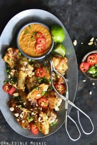 Chili-Garlic Glazed Wings with Peanutty Satay Dipping Sauce Close Up