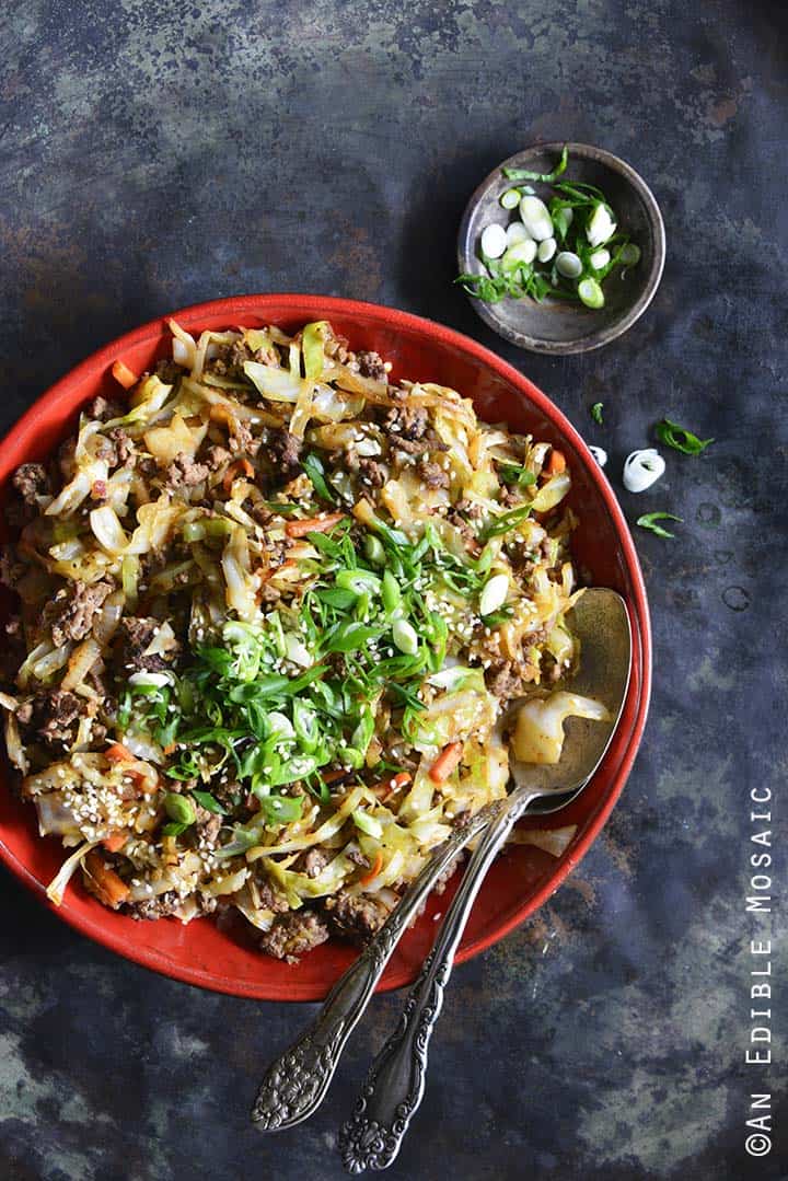 Low Carb Egg Roll in a Bowl (aka Crack Slaw) in Red Dish on Metal Background