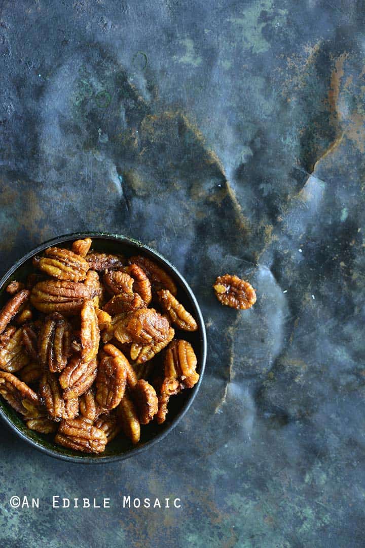 Sweet and Spicy Buffalo Buttered Pecans on Metal Tray