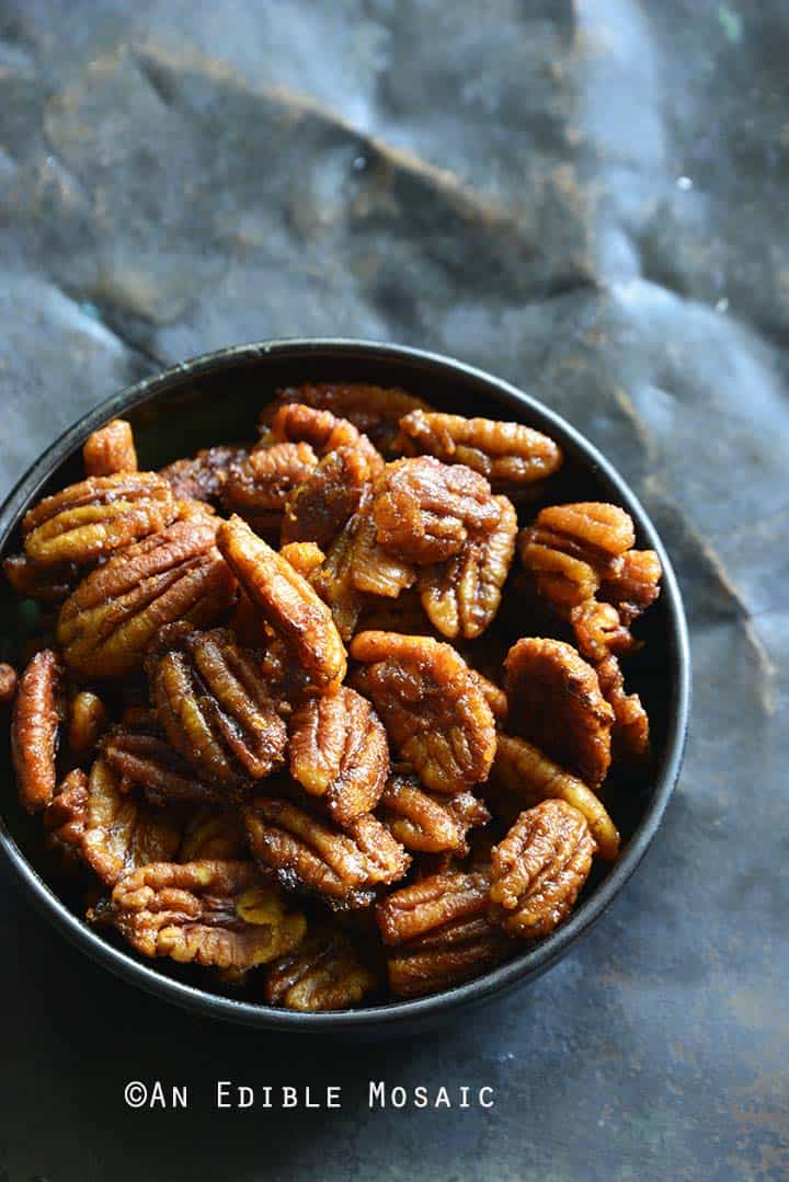 Sweet and Spicy Buffalo Buttered Pecans in Bowl