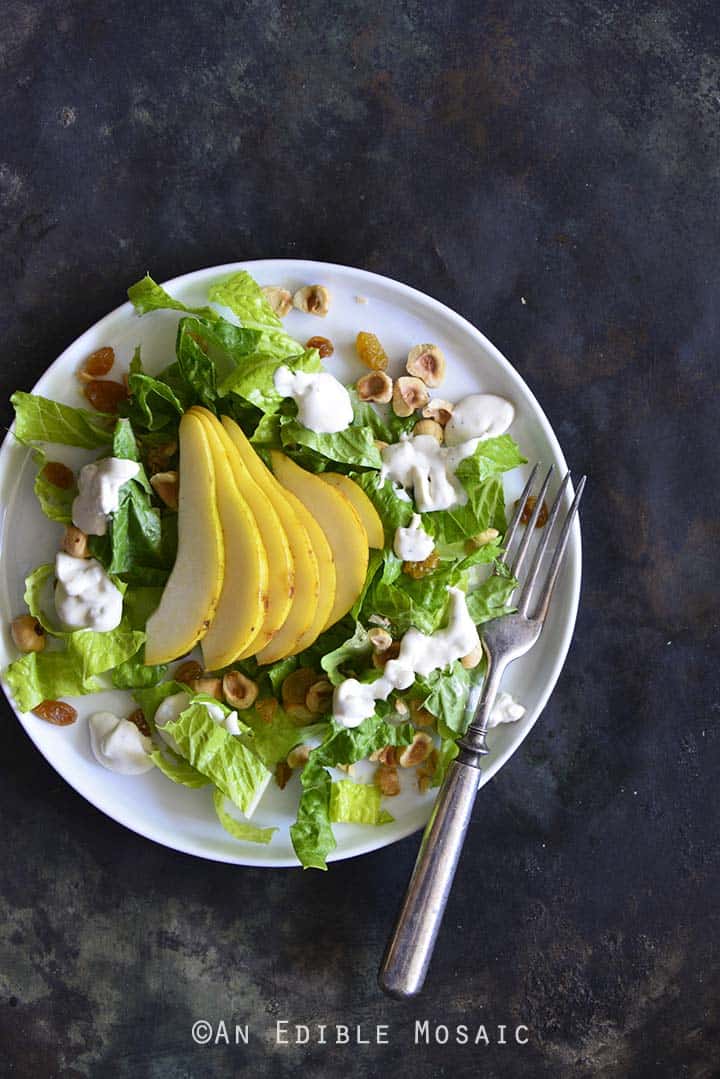 The Best Creamy Blue Cheese Dressing on Pear Hazelnut Salad Overhead View