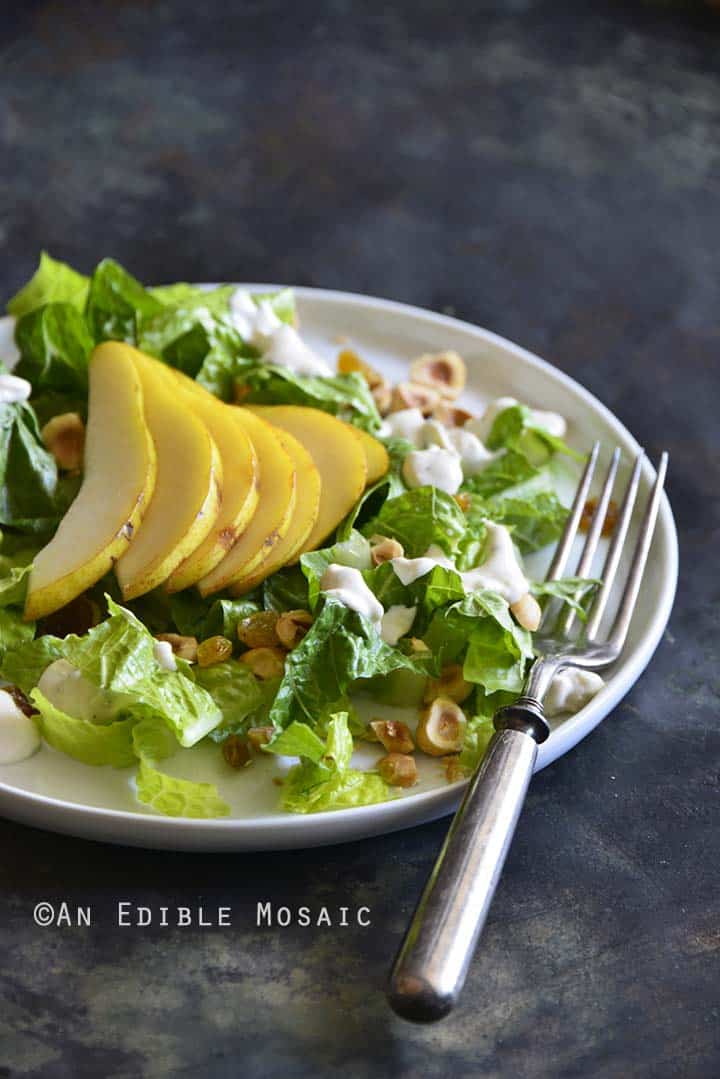 The Best Creamy Blue Cheese Dressing on Pear Hazelnut Salad Front View