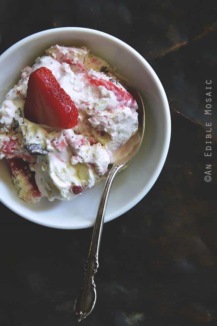 Single Bowl of Low-Carb Keto No-Churn Vanilla Cheesecake Ice Cream with Strawberry Swirl and Chocolate Chunks