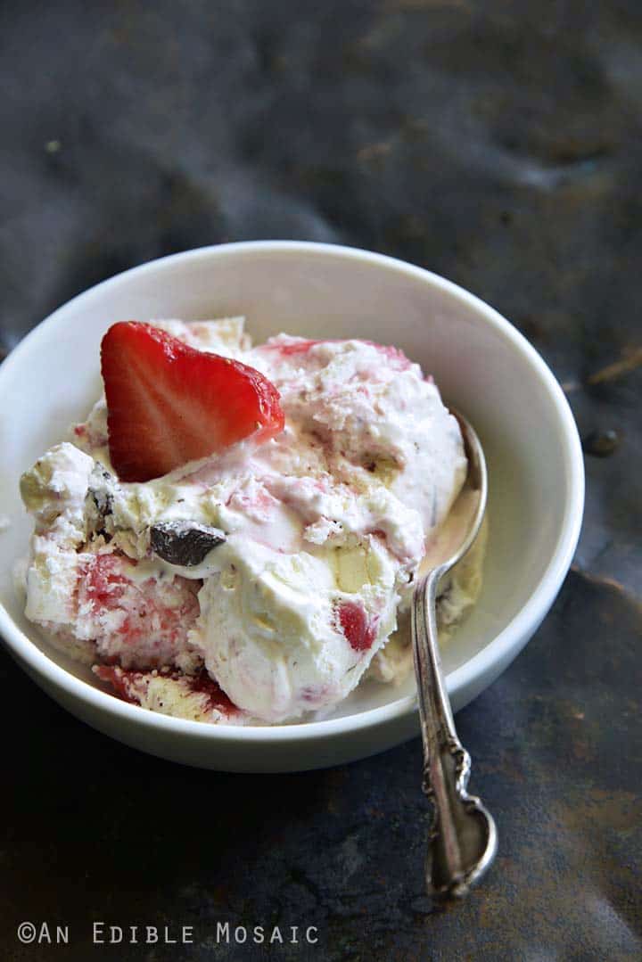 Low-Carb Keto No-Churn Vanilla Cheesecake Ice Cream with Strawberry Swirl and Chocolate Chunks Front View