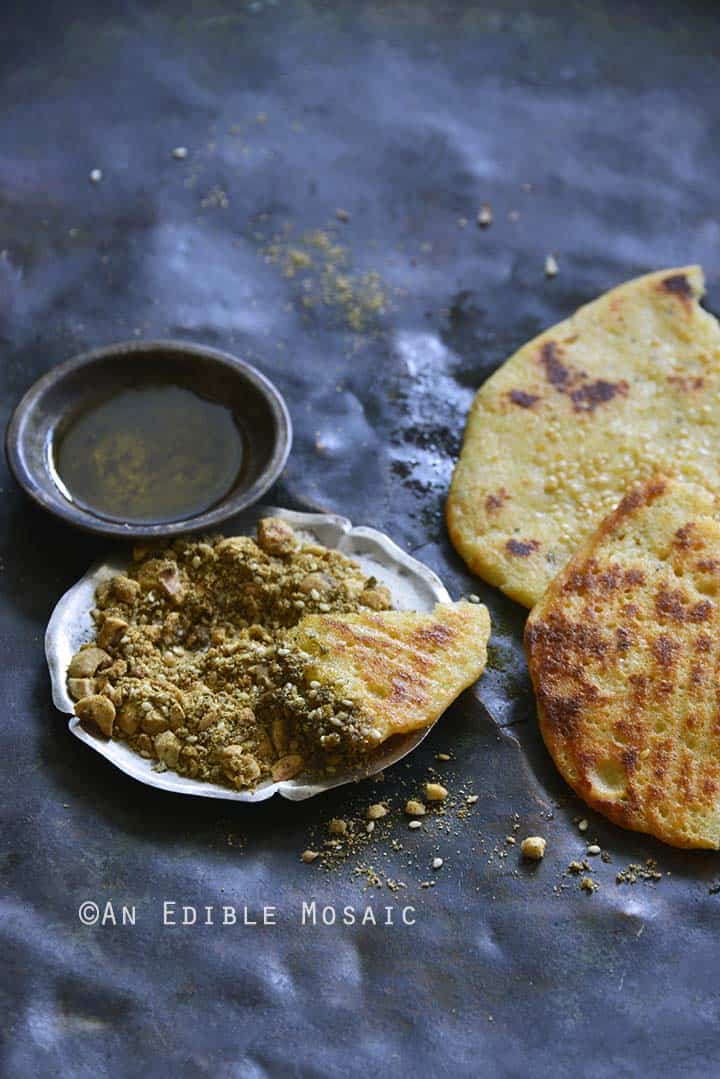 Platter of Dukkah Spice Mix with Olive Oil and Flatbread