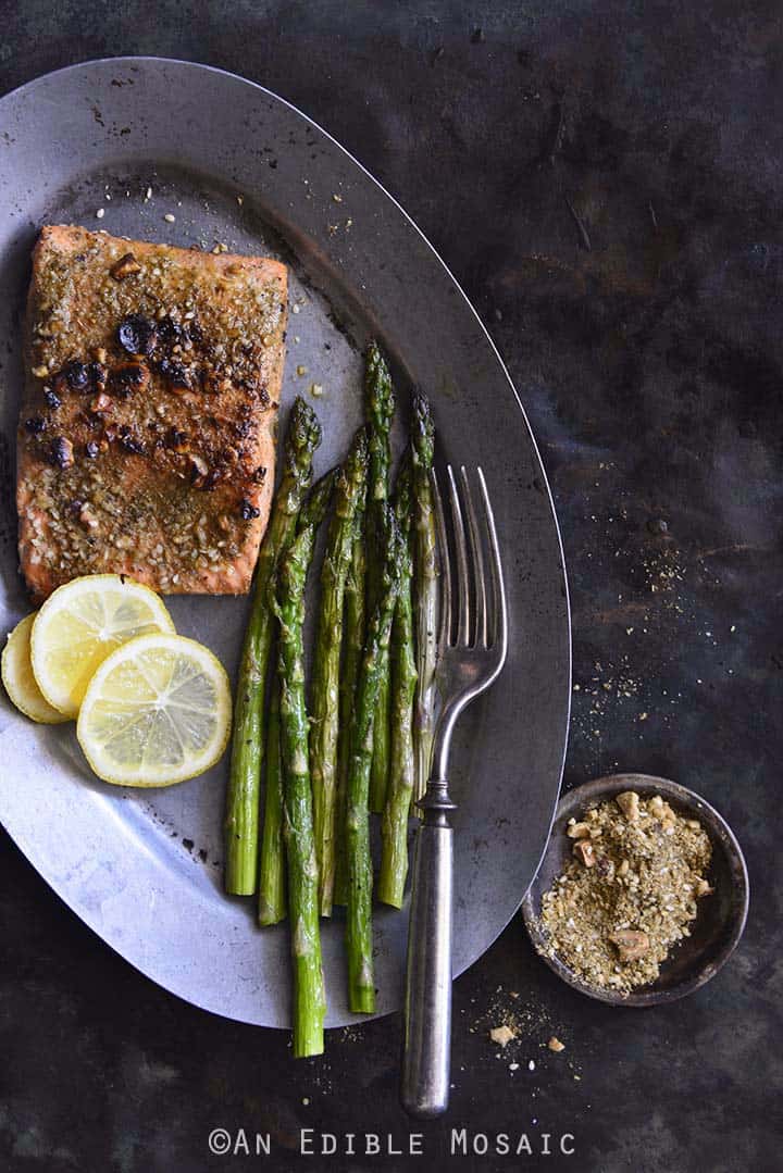 Dukkah-Crusted Blackened Salmon on Vintage Tray