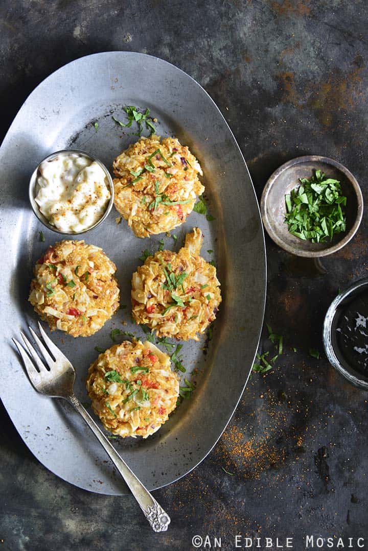 Overhead View of Old Bay Roasted Red Pepper Quinoa Seafood Cakes