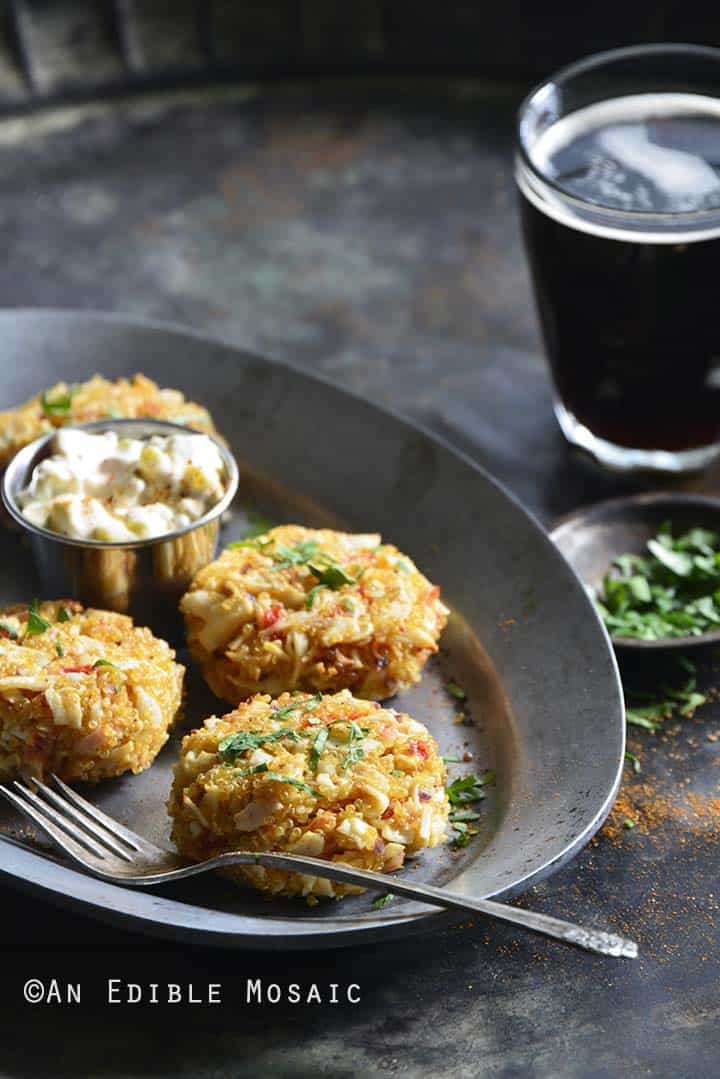 Old Bay Roasted Red Pepper Quinoa Seafood Cakes with Drink