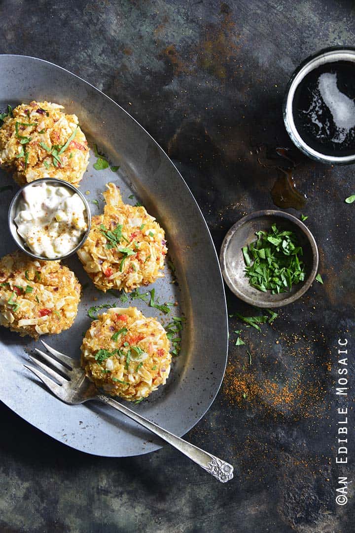 Old Bay Roasted Red Pepper Quinoa Seafood Cakes on Serving Platter with Fresh Parsley