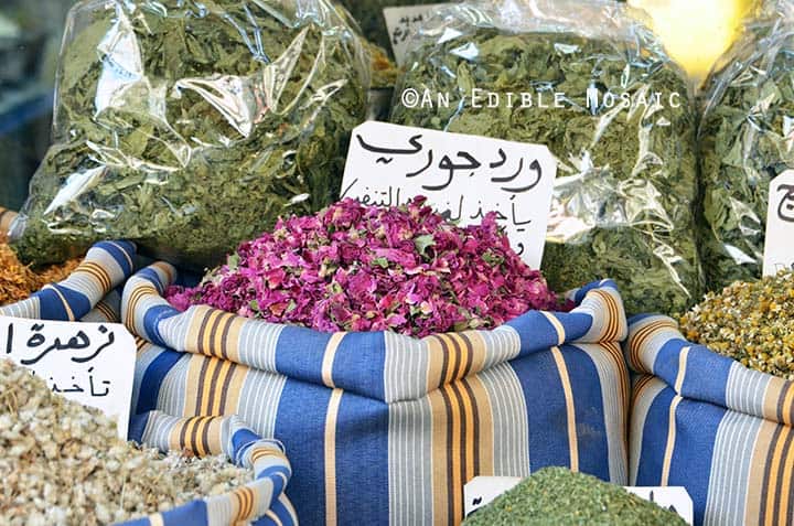 Dried Rose Flowers and Herbs at Middle Eastern Spice Market in Syria