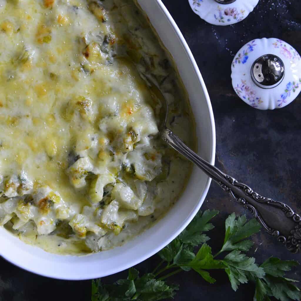 low carb cheesy celery gratin featured image